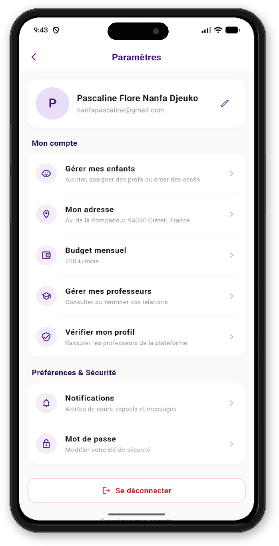 Paramètres du compte parent
